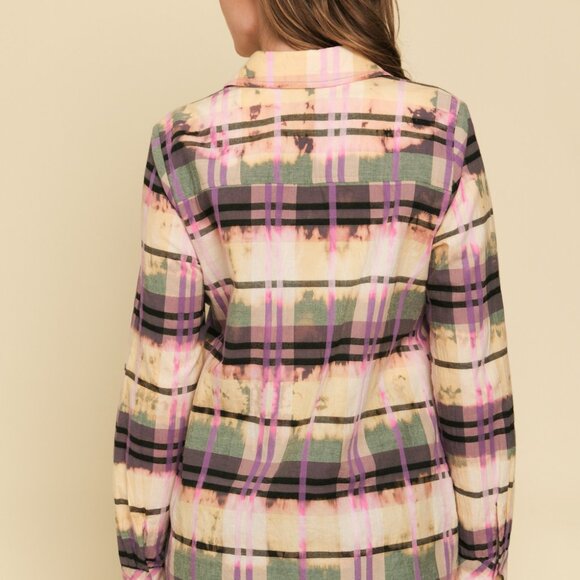 MYSTREE Plaid Button Down Shirt, Multicolor Pink Purple Green Oversized Shirt - Picture 5 of 7